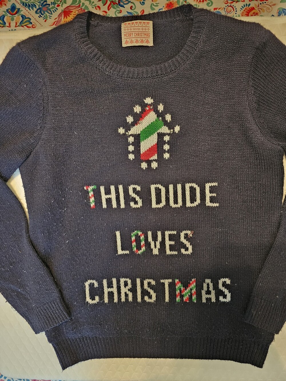 George Light Up LED Ugly Christmas Sweater Boys Size 10-11 This Dude Loves Xmas